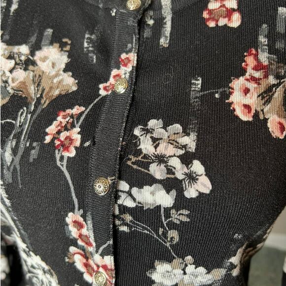 White House Black Market Cardigan Sweater Size S in Black w/Pink White Floral - Picture 2 of 8
